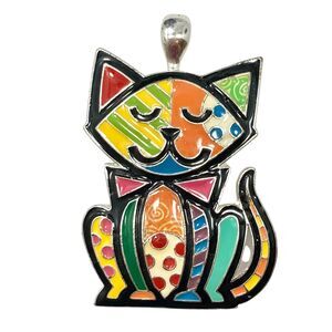 Vtg Pop Art Kitty Crazy Cat Lady Pendant Necklace Multicolor Enamel BIG Chunky